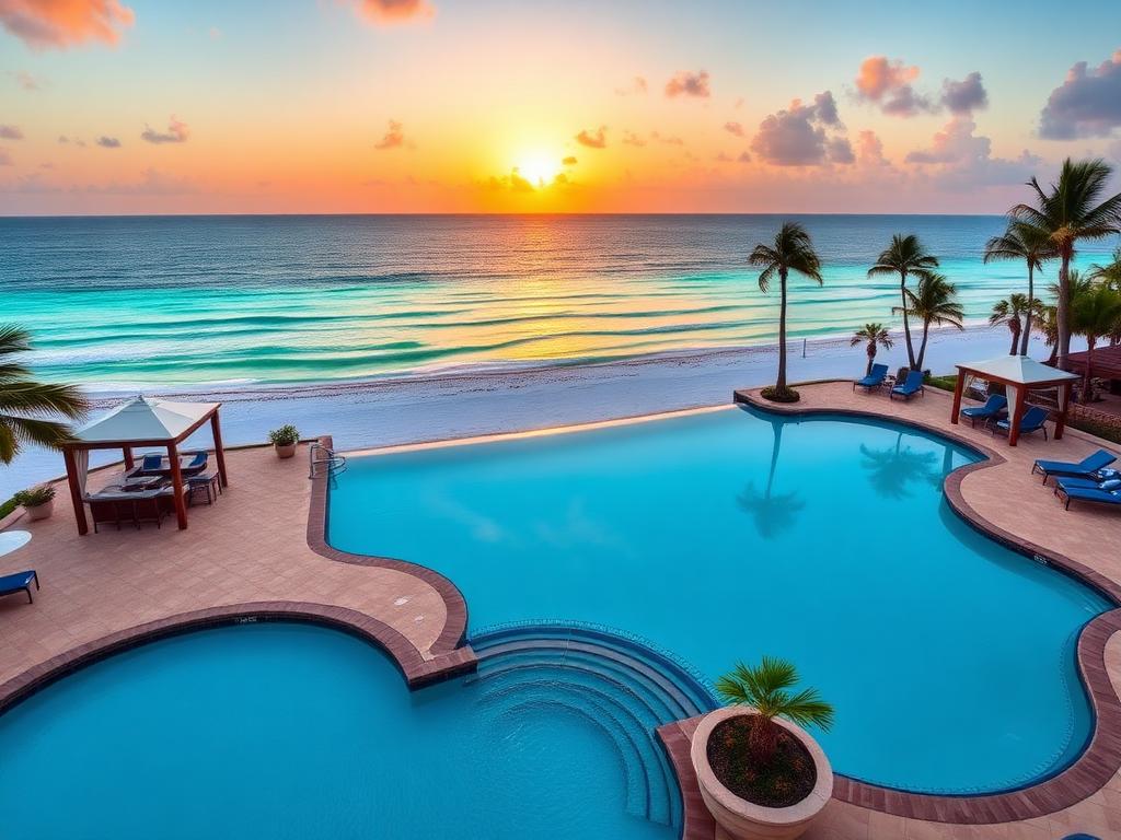 Zero-entry resort pool at sunset