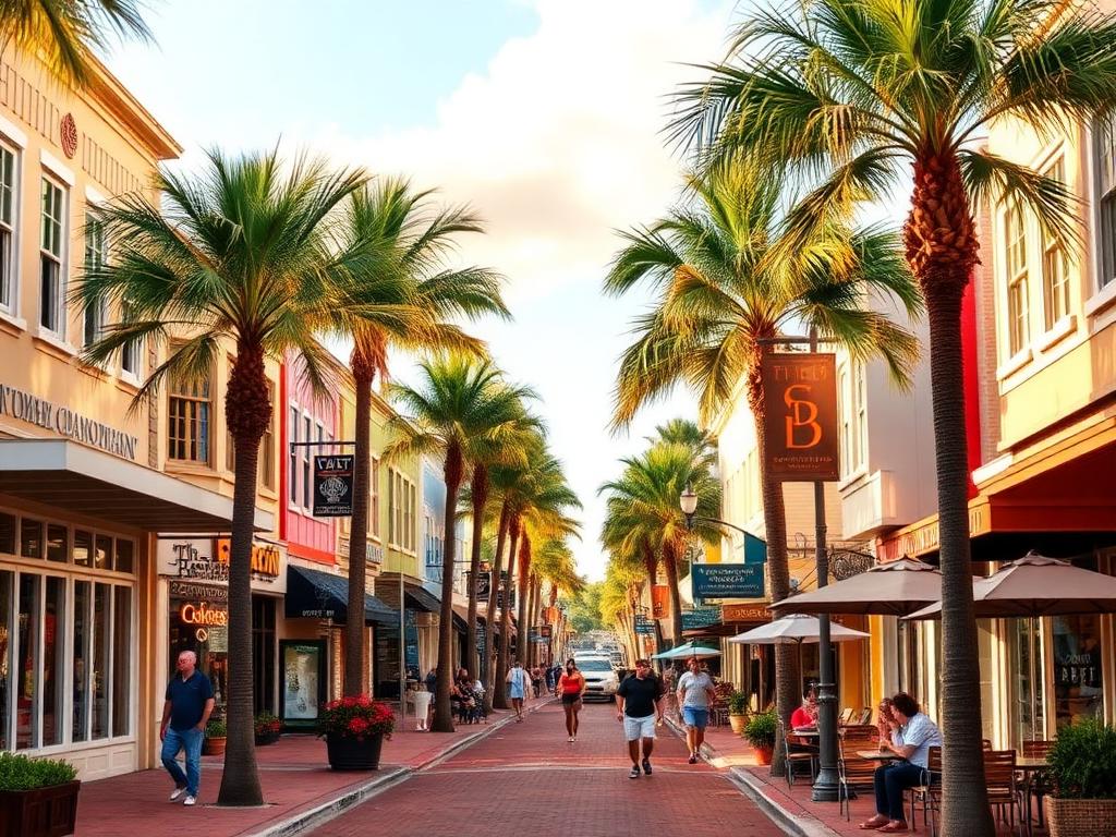 Palm-lined main street in Downtown Dunedin