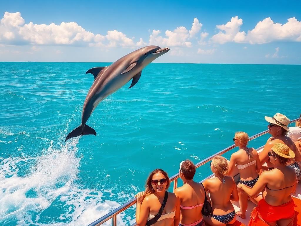 Dolphin jumping near a tour boat